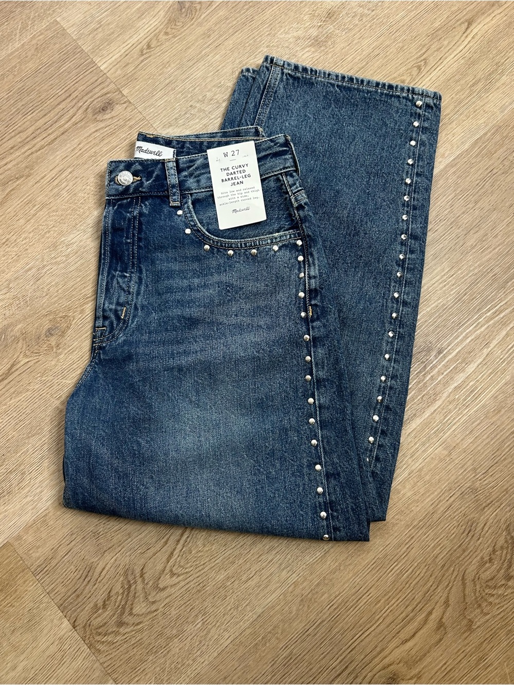Madewell 100% Cotton Denim The Curvy Darted Barrel Jean Silver Studded Detail